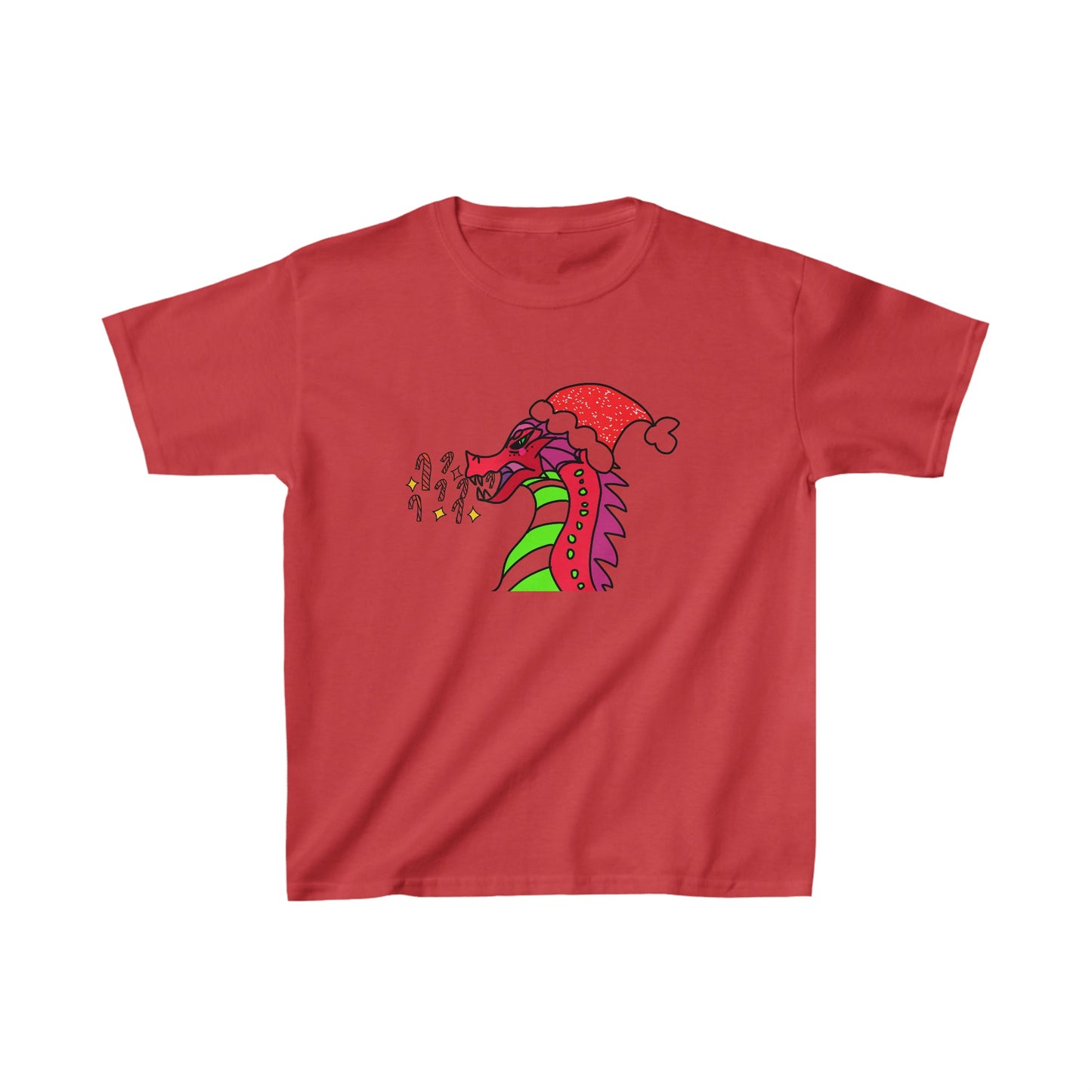 "Candy Cane Blaze, the Festive Dragon Kids Heavy Cotton™ Tee-Kids clothes-XS-Red-mysticalcherry
