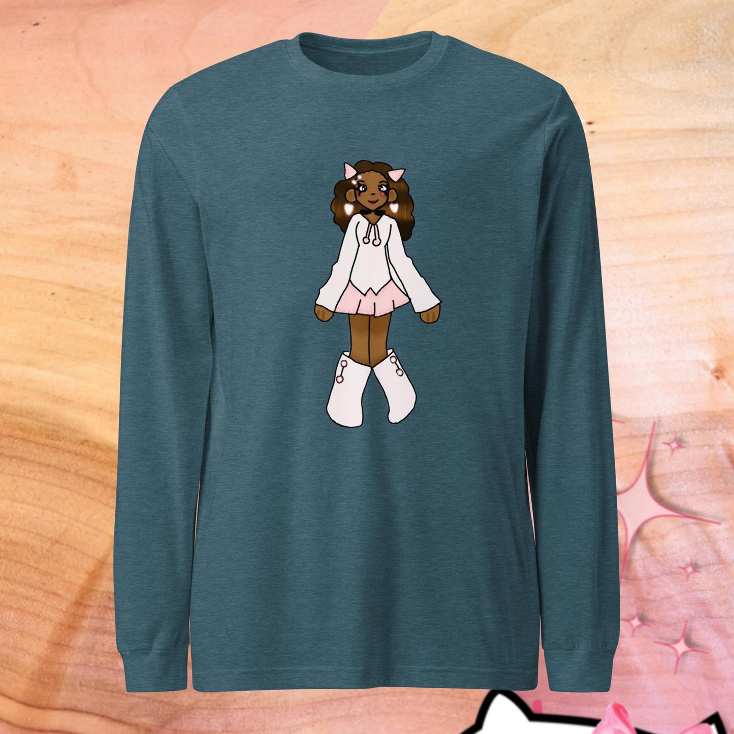 Pretty N Pink Character Long Sleeve Tee-long sleeve shirt-Heather Deep Teal-XS-mysticalcherry