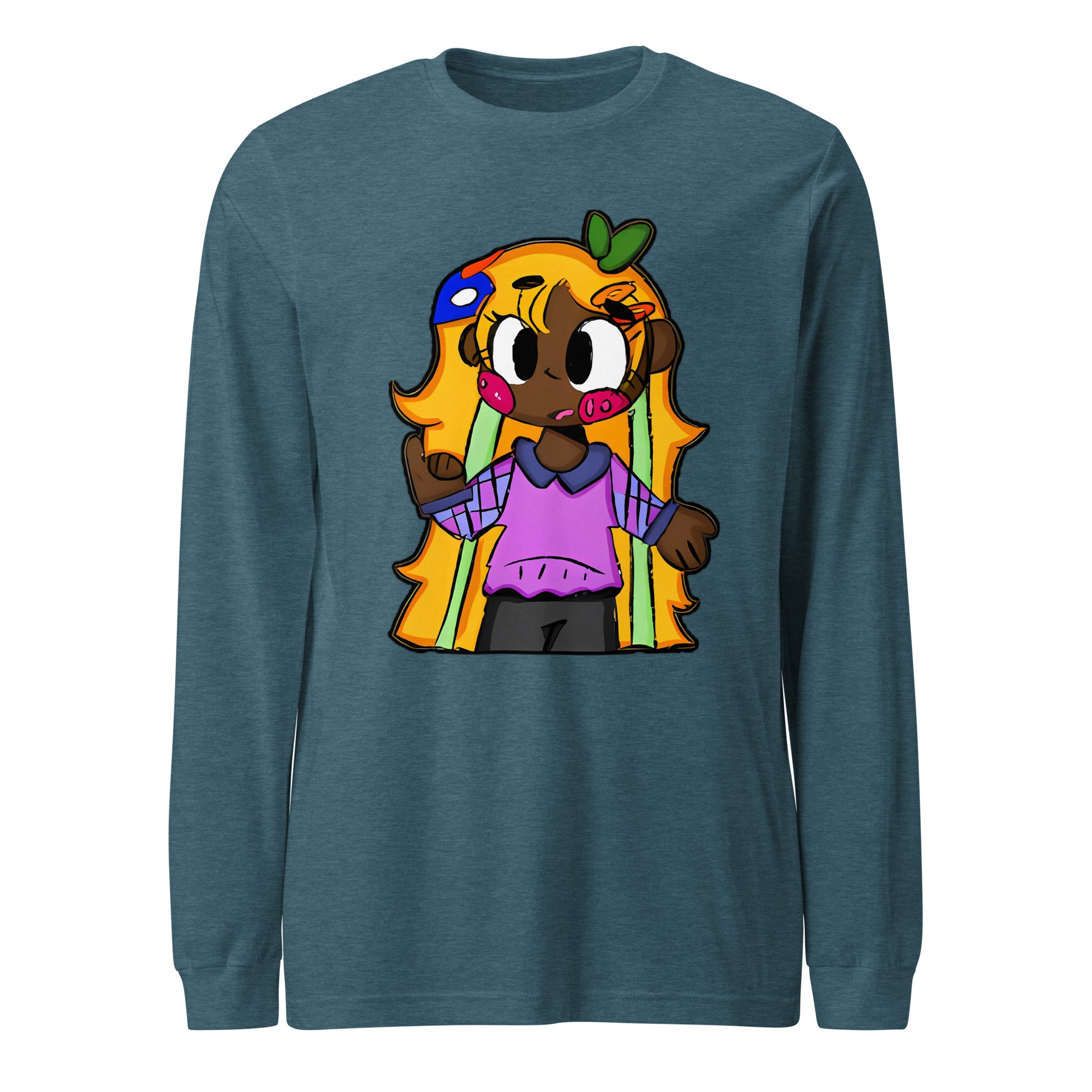 Chiisana Remon Character Long Sleeve Tee-long sleeve shirt-Heather Deep Teal-XS-mysticalcherry