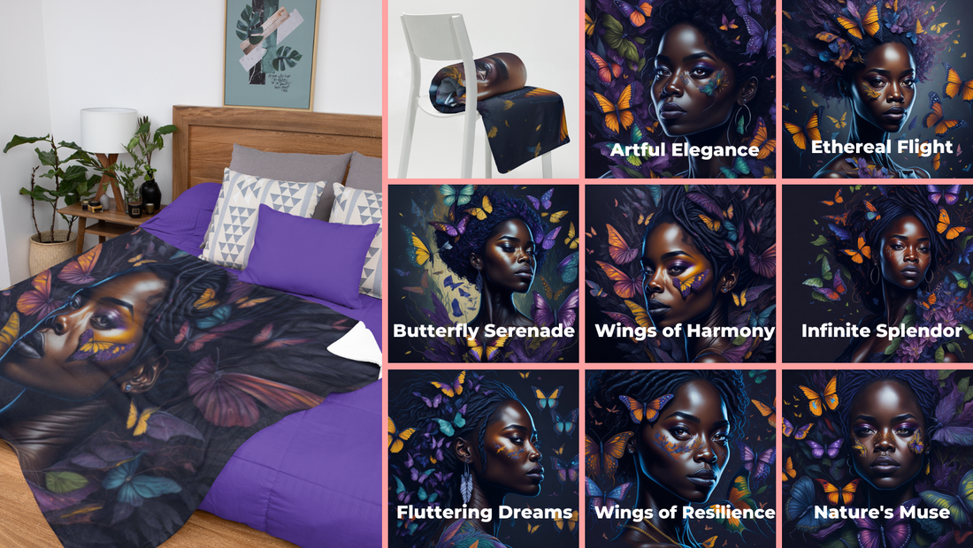 Celebrate Beauty and Harmony: The Meaning Behind our Graceful Wings: Portrait of an African American Woman with Fluttering Butterflies Throw Blankets