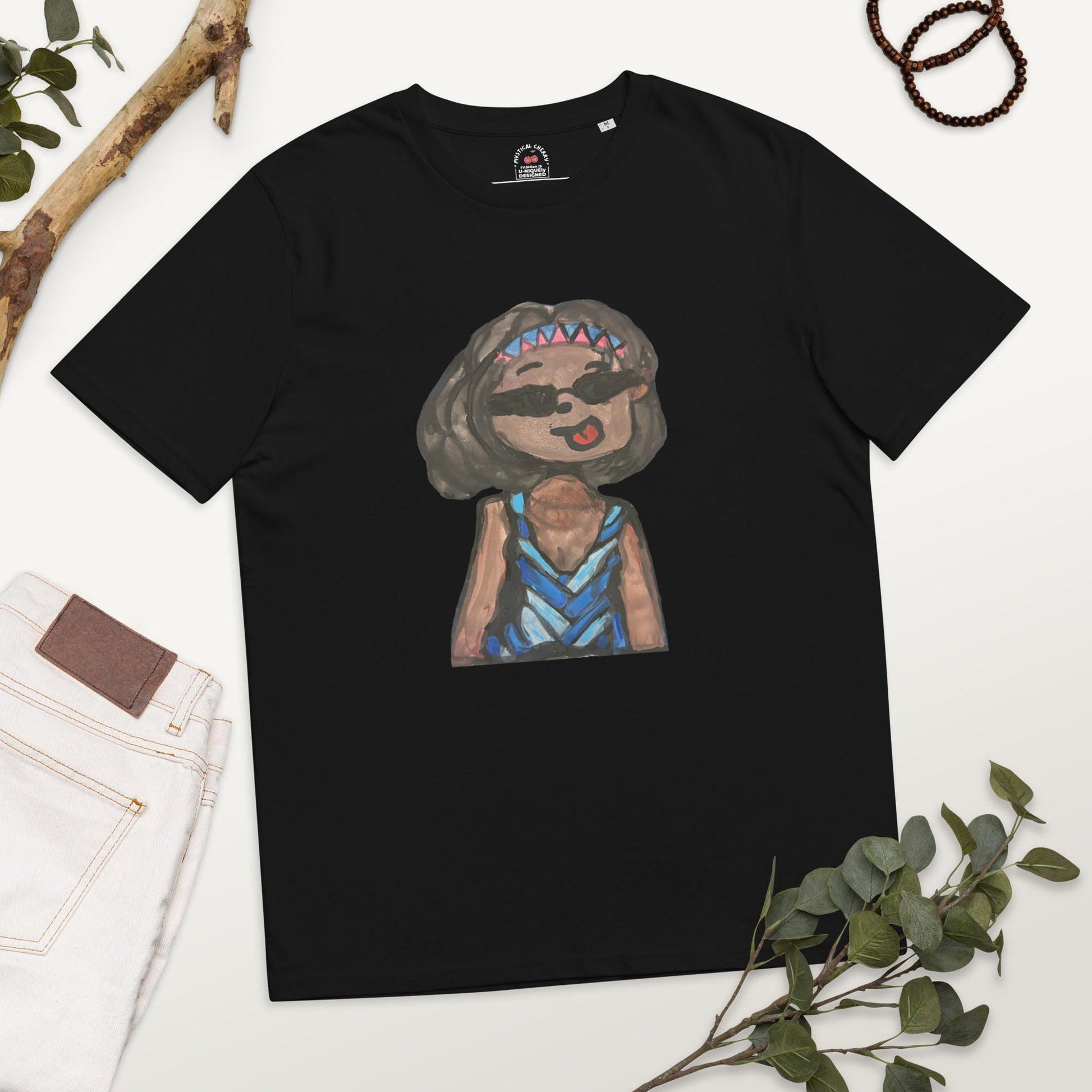 Aunty Flo Unisex Organic Cotton T-shirt-ECO-FRIENDLY WEARABLE ART SHIRT-Black-S-mysticalcherry