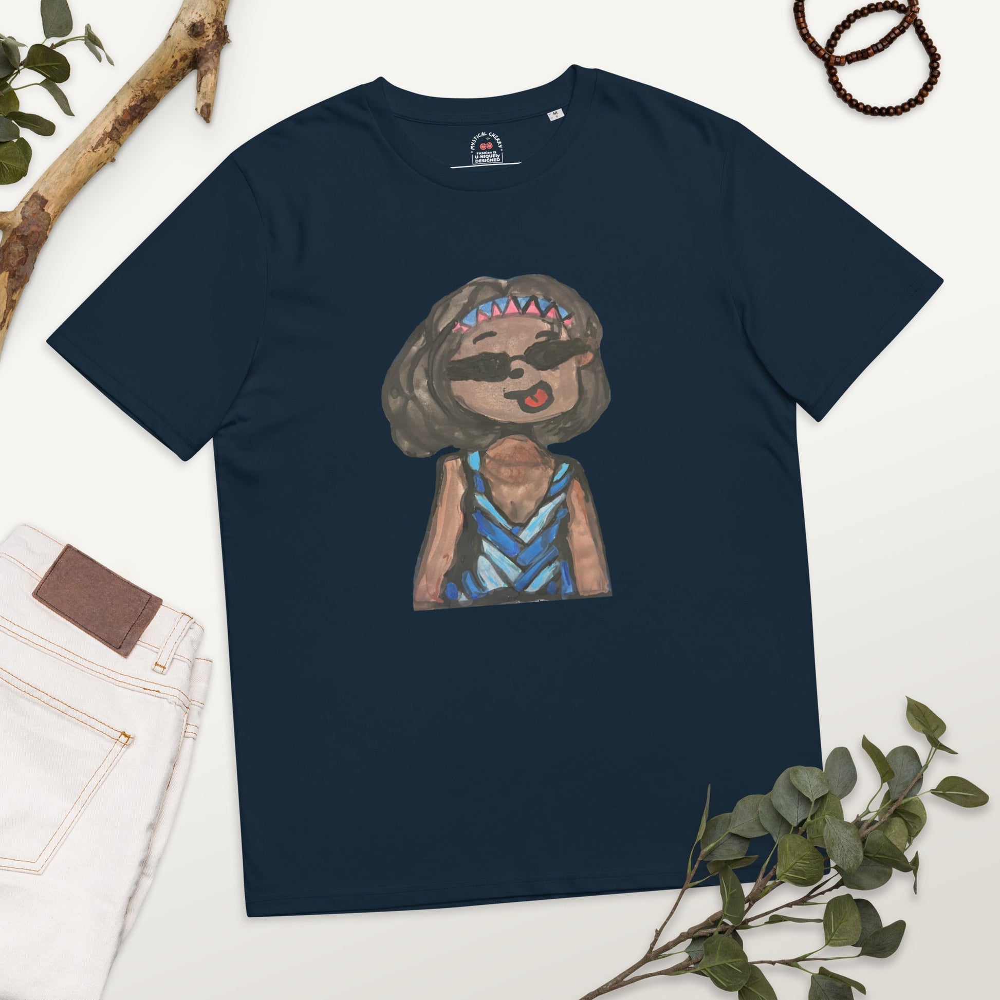 Aunty Flo Unisex Organic Cotton T-shirt-ECO-FRIENDLY WEARABLE ART SHIRT-French Navy-S-mysticalcherry