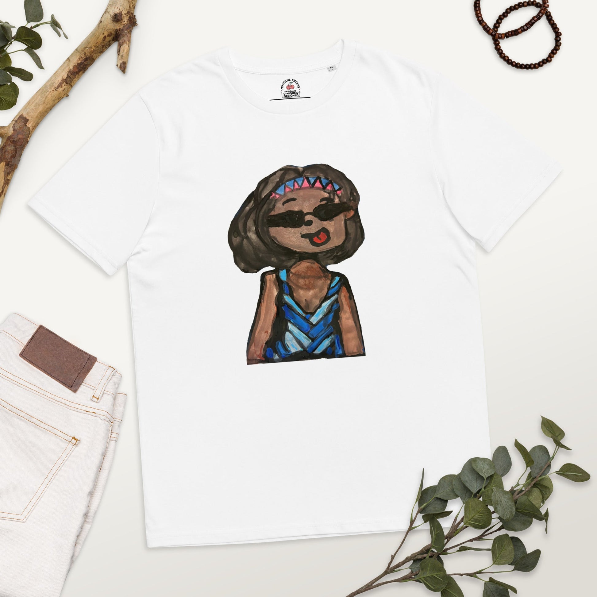 Aunty Flo Unisex Organic Cotton T-shirt-ECO-FRIENDLY WEARABLE ART SHIRT-White-S-mysticalcherry