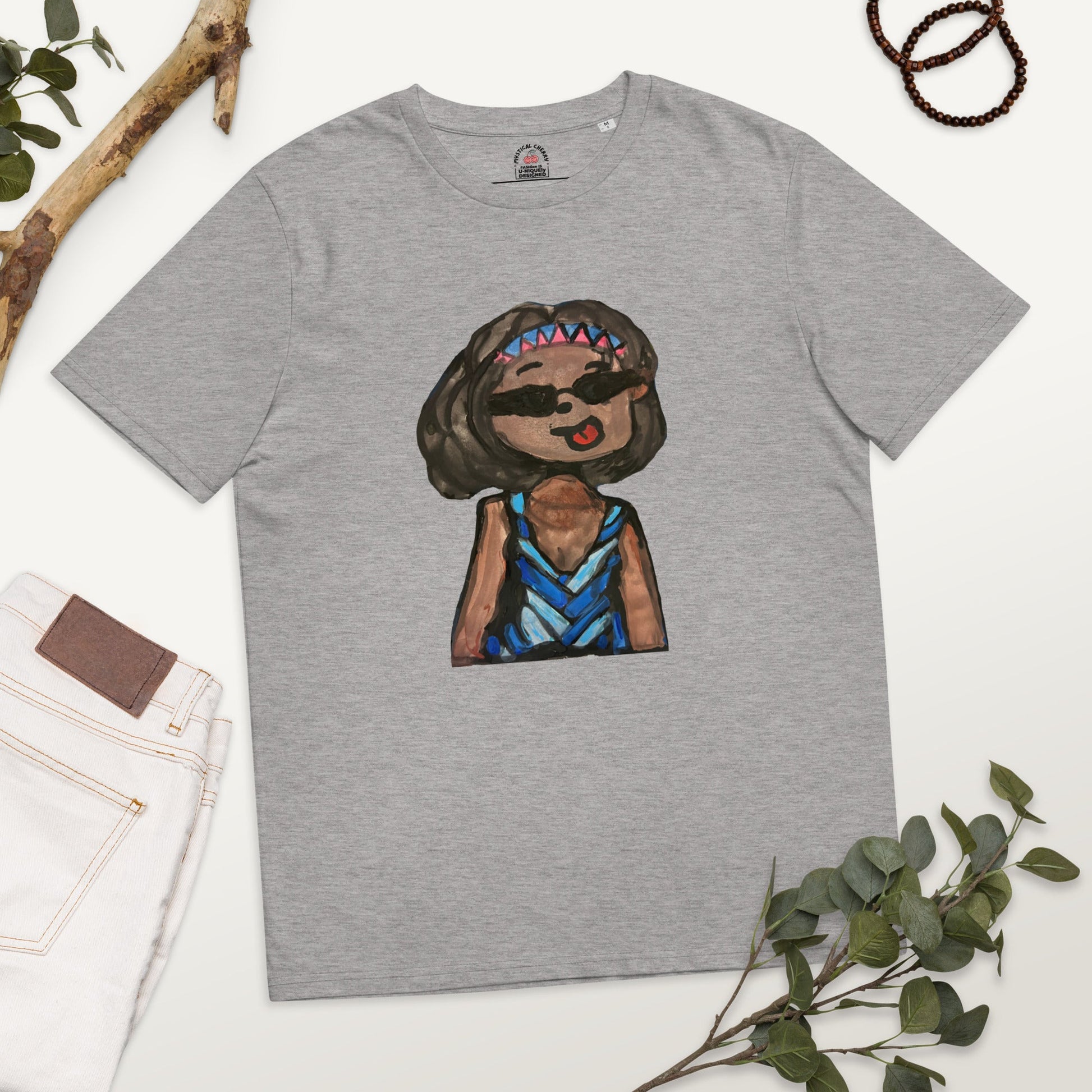 Aunty Flo Unisex Organic Cotton T-shirt-ECO-FRIENDLY WEARABLE ART SHIRT-Heather Grey-S-mysticalcherry