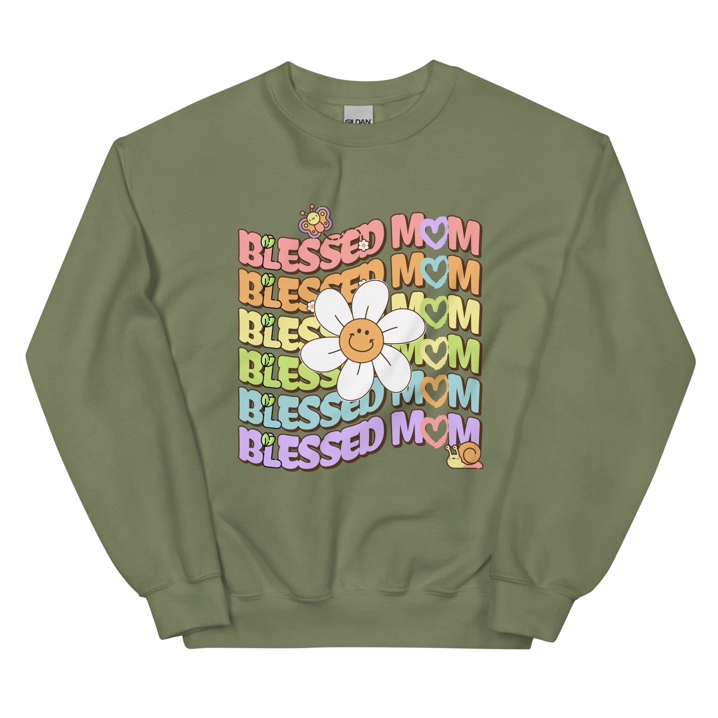 Blessed MOM Daisy Garden Crewneck Sweatshirt-sweatshirt-Military Green-S-mysticalcherry