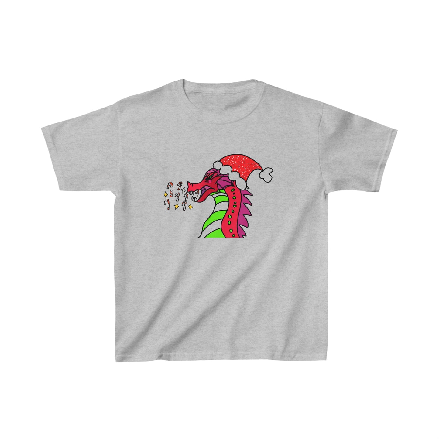 "Candy Cane Blaze, the Festive Dragon Kids Heavy Cotton™ Tee-Kids clothes-XS-Sport Grey-mysticalcherry