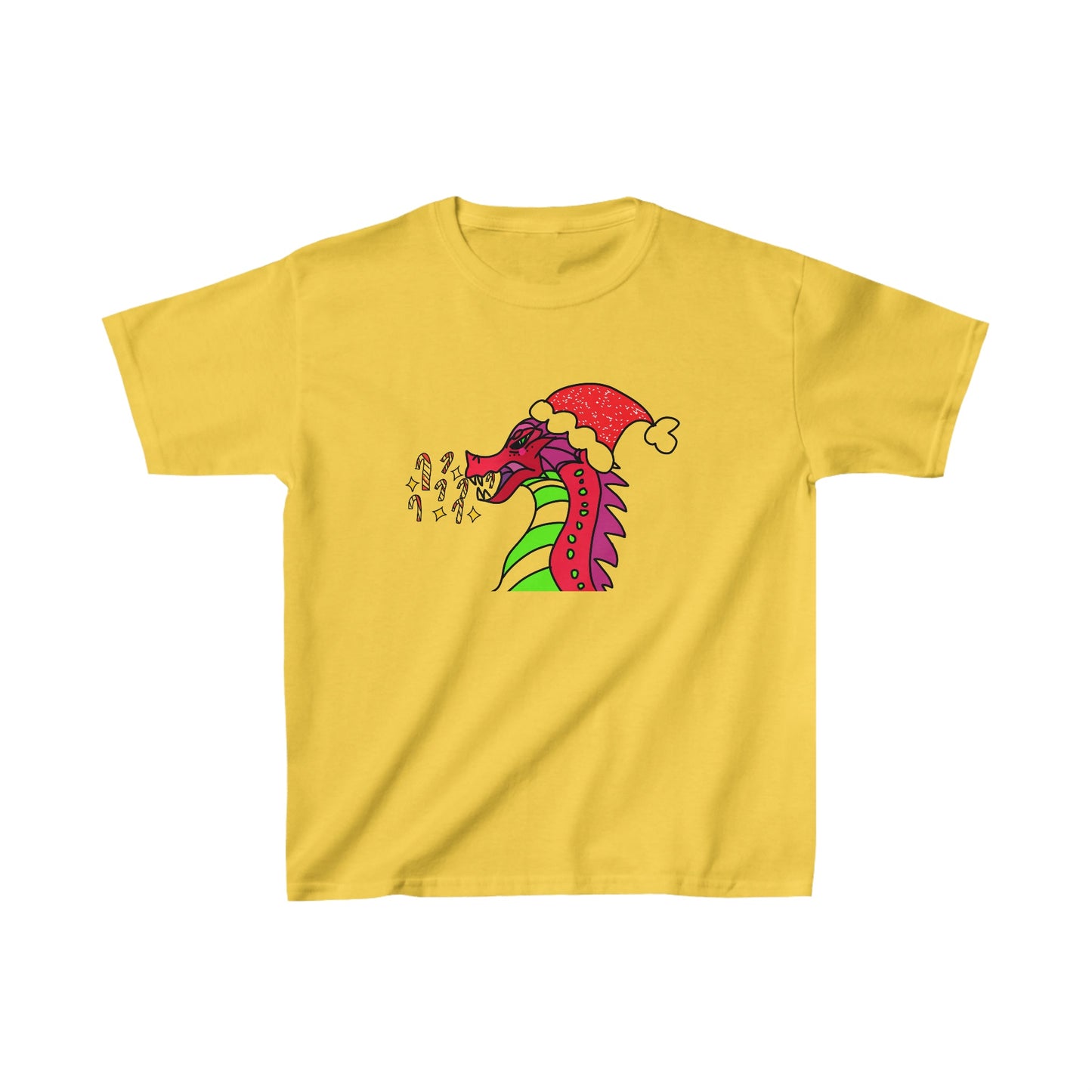 "Candy Cane Blaze, the Festive Dragon Kids Heavy Cotton™ Tee-Kids clothes-XS-Daisy-mysticalcherry