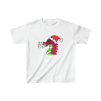 "Candy Cane Blaze, the Festive Dragon Kids Heavy Cotton™ Tee-Kids clothes-XS-White-mysticalcherry