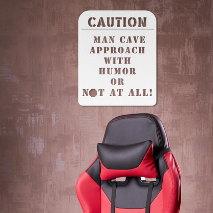 Caution Man Cave Approach With Humor Metal Wall Art-Wall Art-White-12 Inch-mysticalcherry