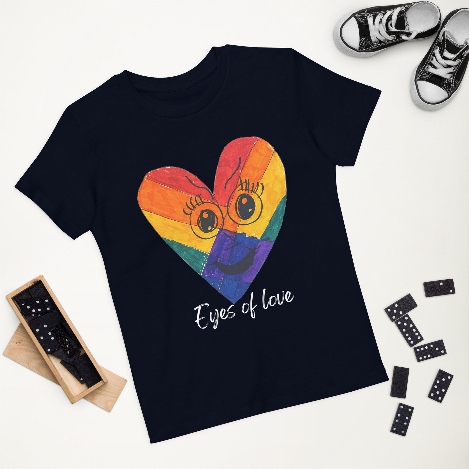EYES OF LOVE ORGANIC COTTON KIDS T-SHIRT-eco-friendly organic graphic t-shirt-French Navy-3-4-mysticalcherry