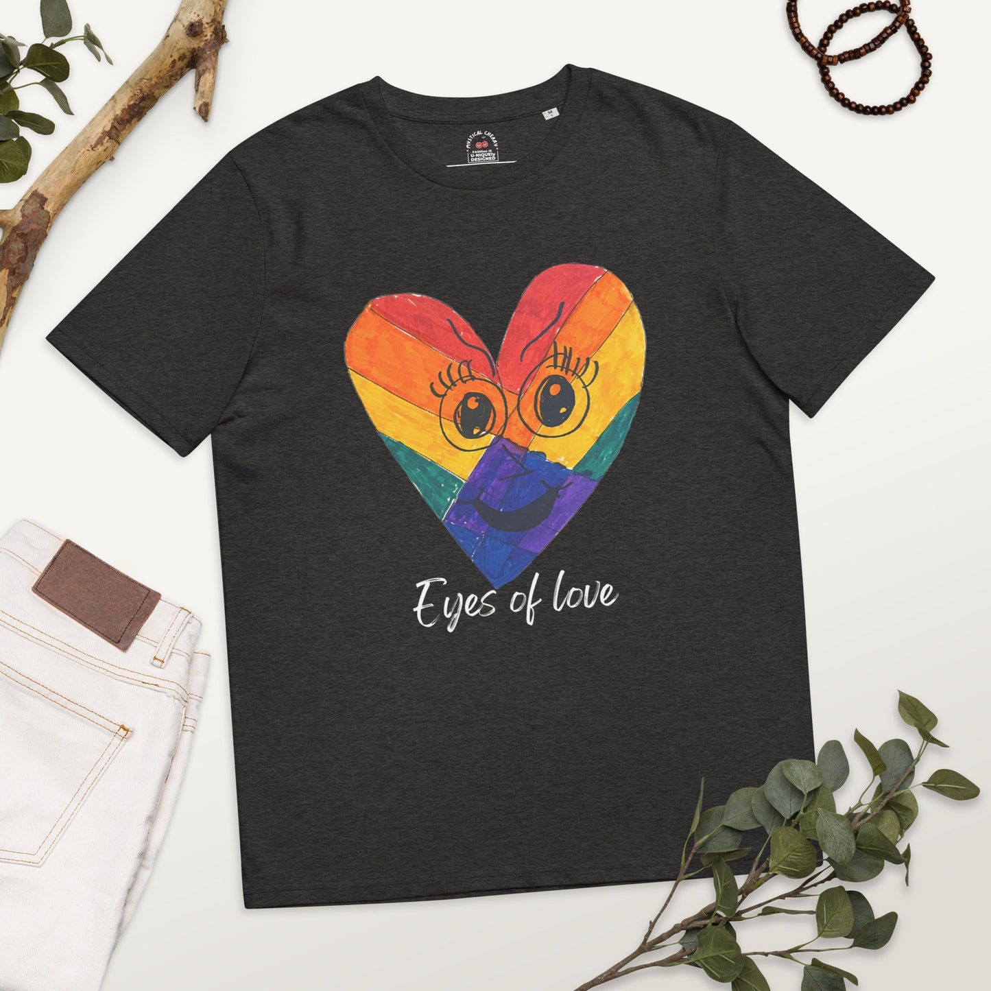 EYES OF LOVE ORGANIC COTTON T-SHIRT-eco-friendly organic graphic t-shirt-Dark Heather Grey-S-mysticalcherry