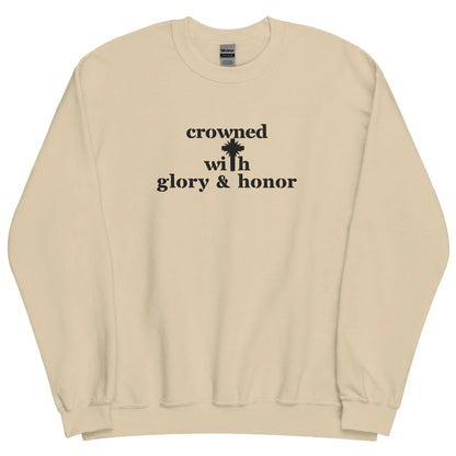 Embroidered Crown With Honor & Glory Crewneck Sweatshirt-clothes- sweater-Sand-S-mysticalcherry
