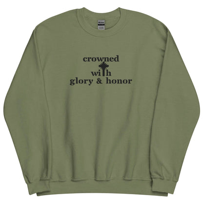 Embroidered Crown With Honor & Glory Crewneck Sweatshirt-clothes- sweater-Military Green-S-mysticalcherry
