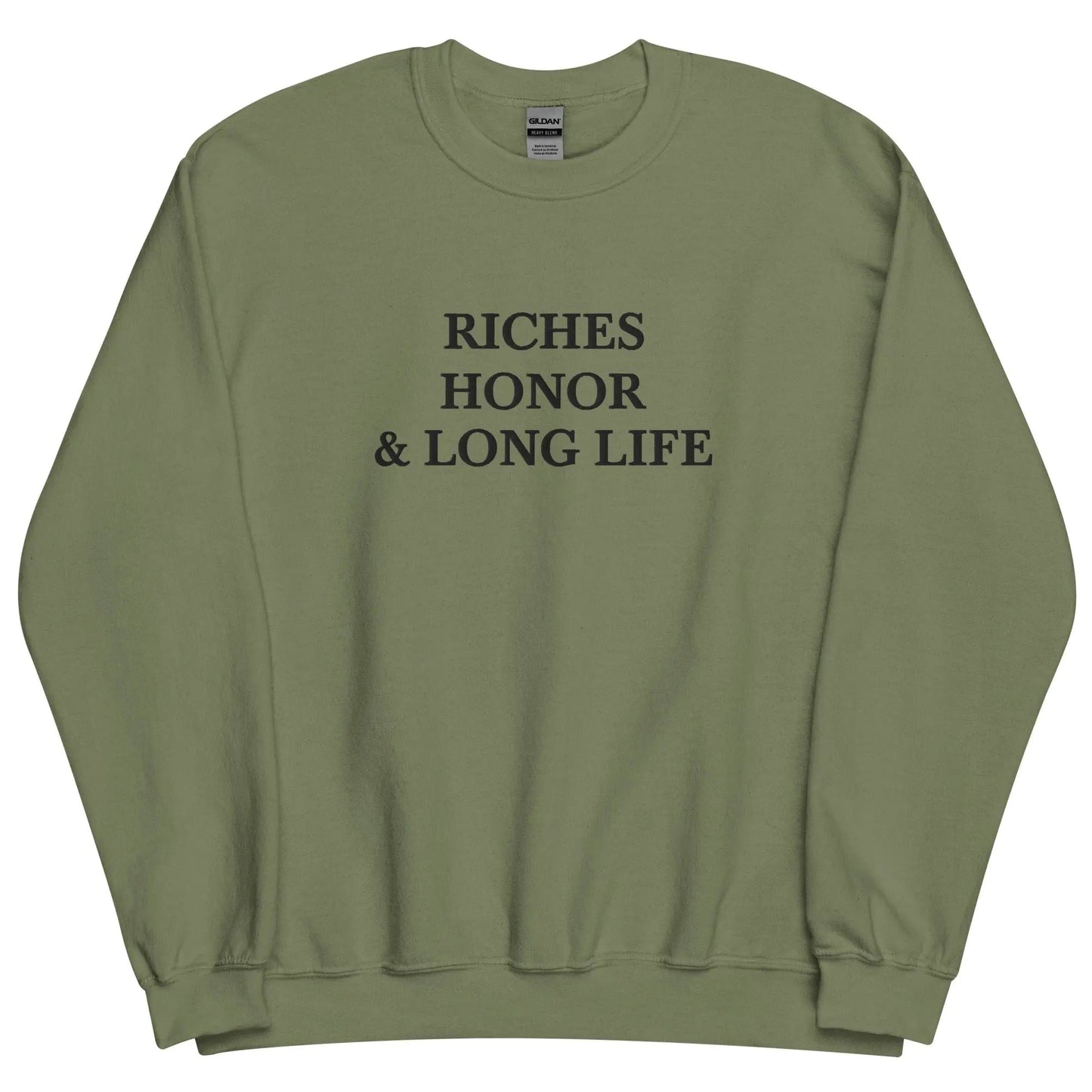 Embroidered Riches Honor & Long Life Crewneck Sweatshirt-clothes- sweater-Military Green-S-mysticalcherry