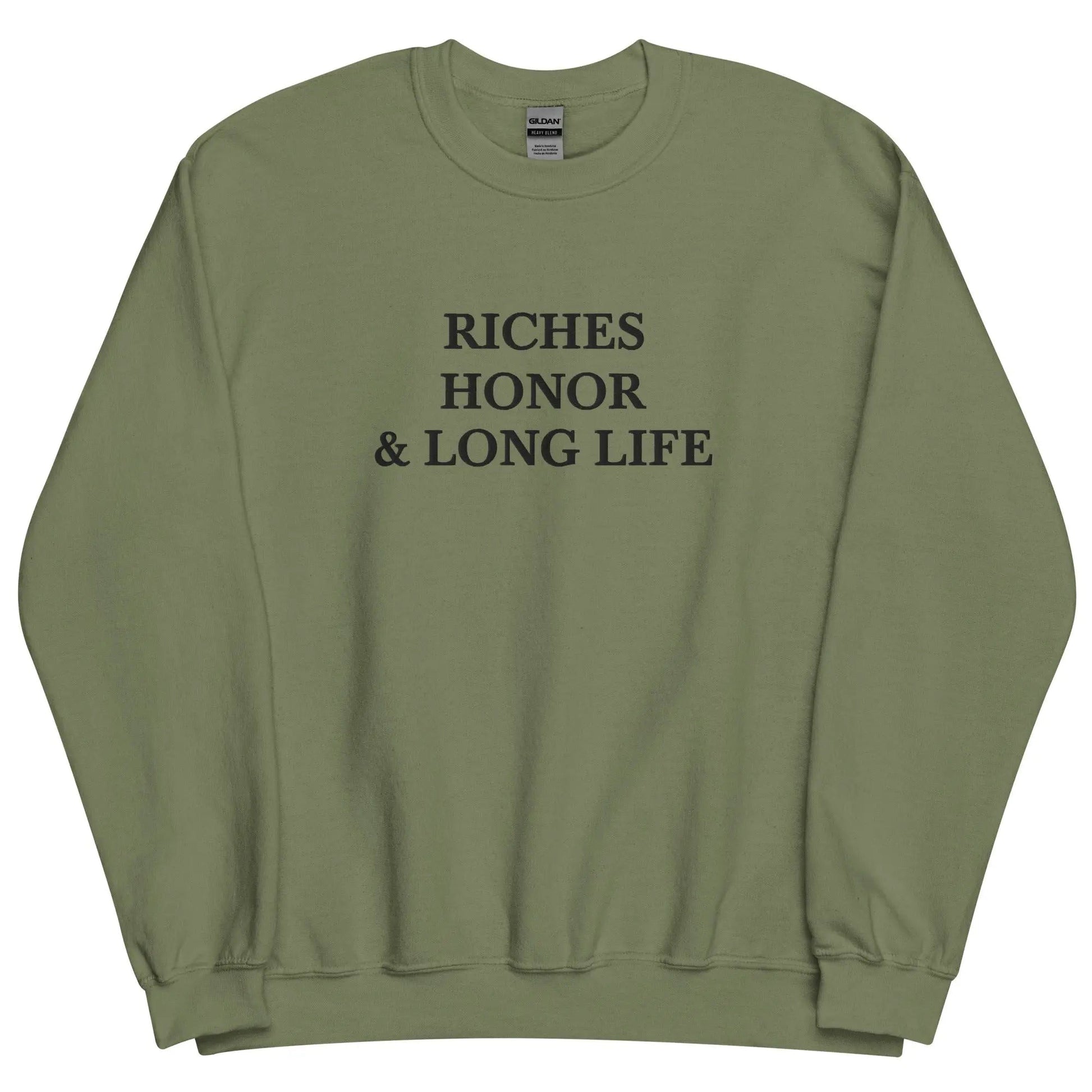 Embroidered Riches Honor & Long Life Crewneck Sweatshirt-clothes- sweater-Military Green-S-mysticalcherry