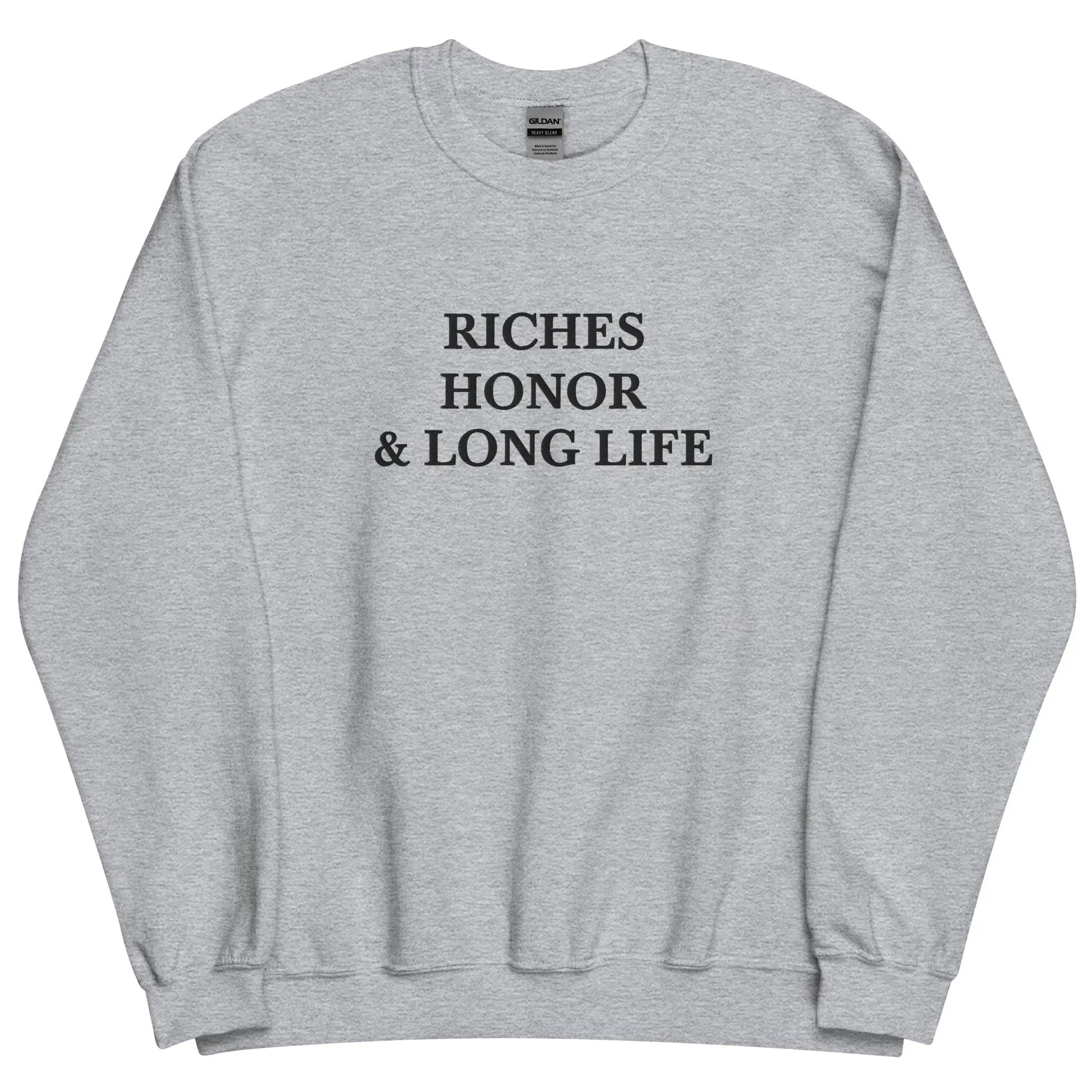 Embroidered Riches Honor & Long Life Crewneck Sweatshirt-clothes- sweater-Sport Grey-S-mysticalcherry