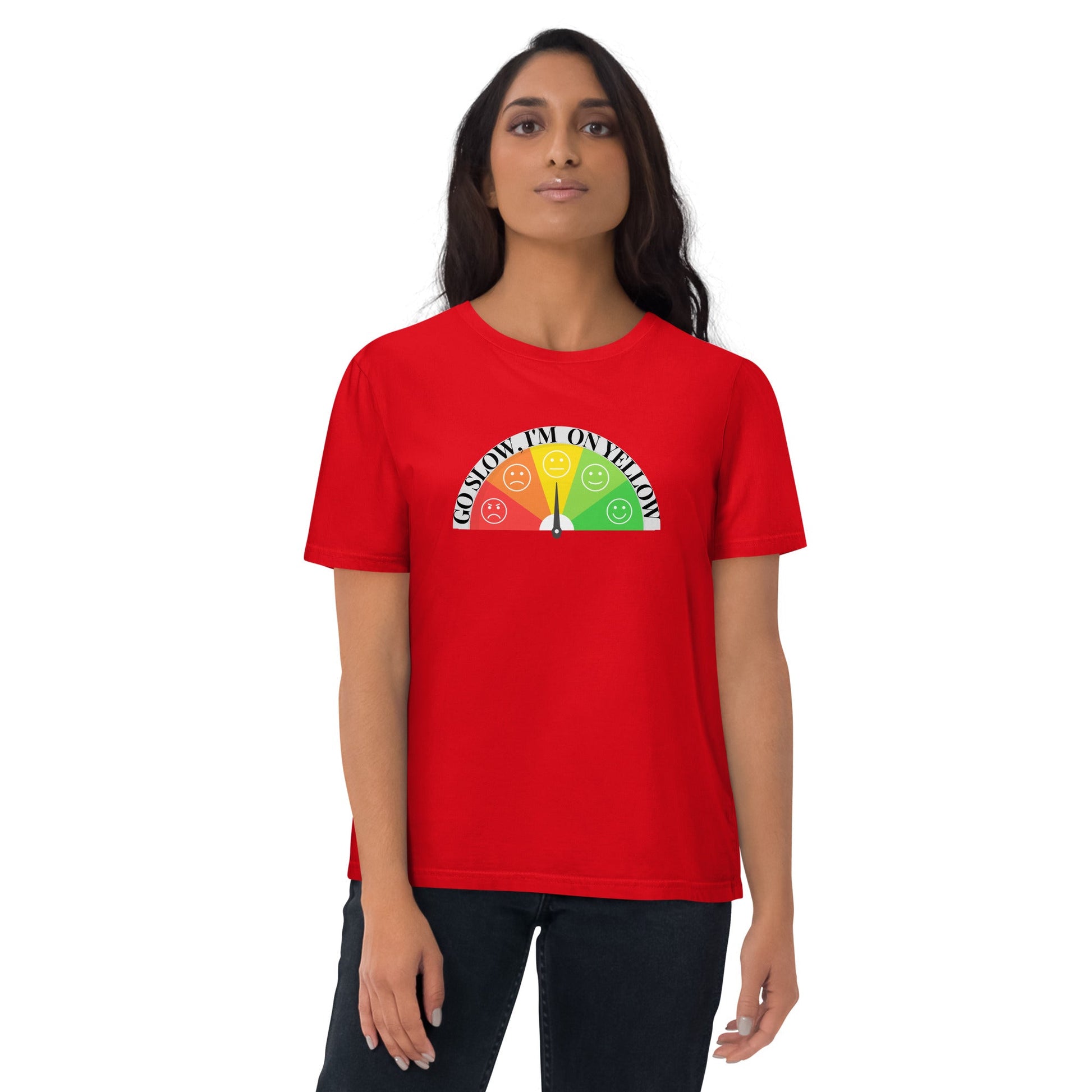 Emoji: Go Slow, I Am On Yellow Organic Cotton T-shirt-eco-friendly organic graphic t-shirt-Red-S-mysticalcherry