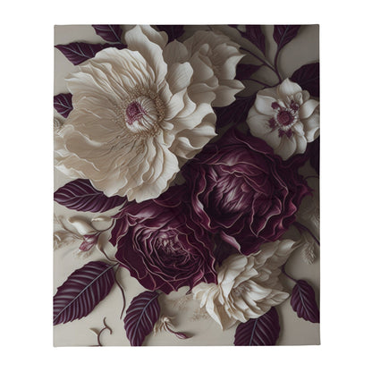 Enchanting Elegance: Ivory and Burgundy Flowers Throw Blanket Collection-THROW BLANKET-50″×60″-Intricate Petal Symphony-mysticalcherry