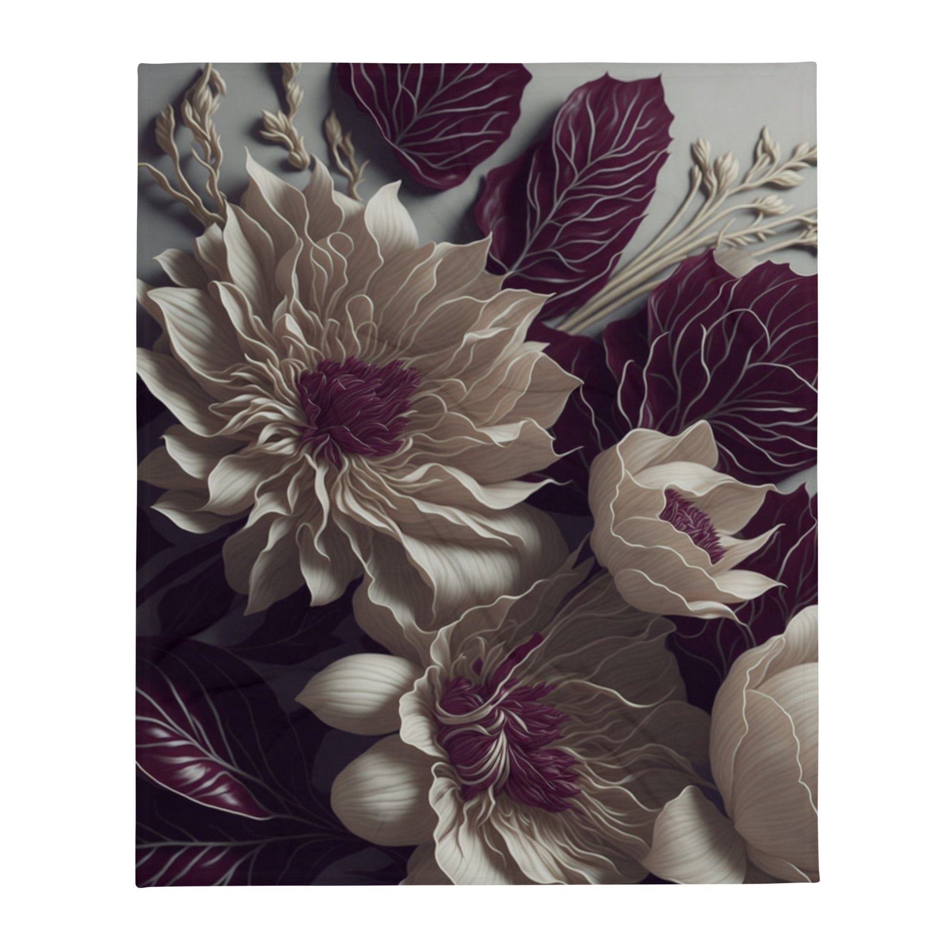 Enchanting Elegance: Ivory and Burgundy Flowers Throw Blanket Collection-THROW BLANKET-50″×60″-Dreamy Petals Unleashed-mysticalcherry