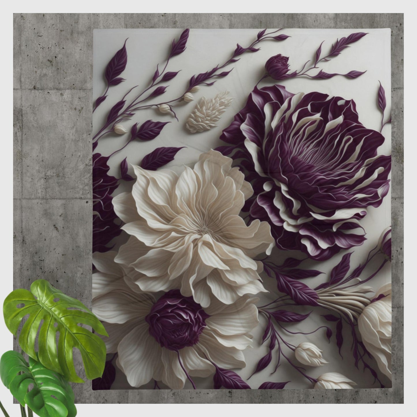 Enchanting Elegance: Ivory and Burgundy Flowers Throw Blanket Collection-THROW BLANKET-50″×60″-Lush Floral Splendor-mysticalcherry