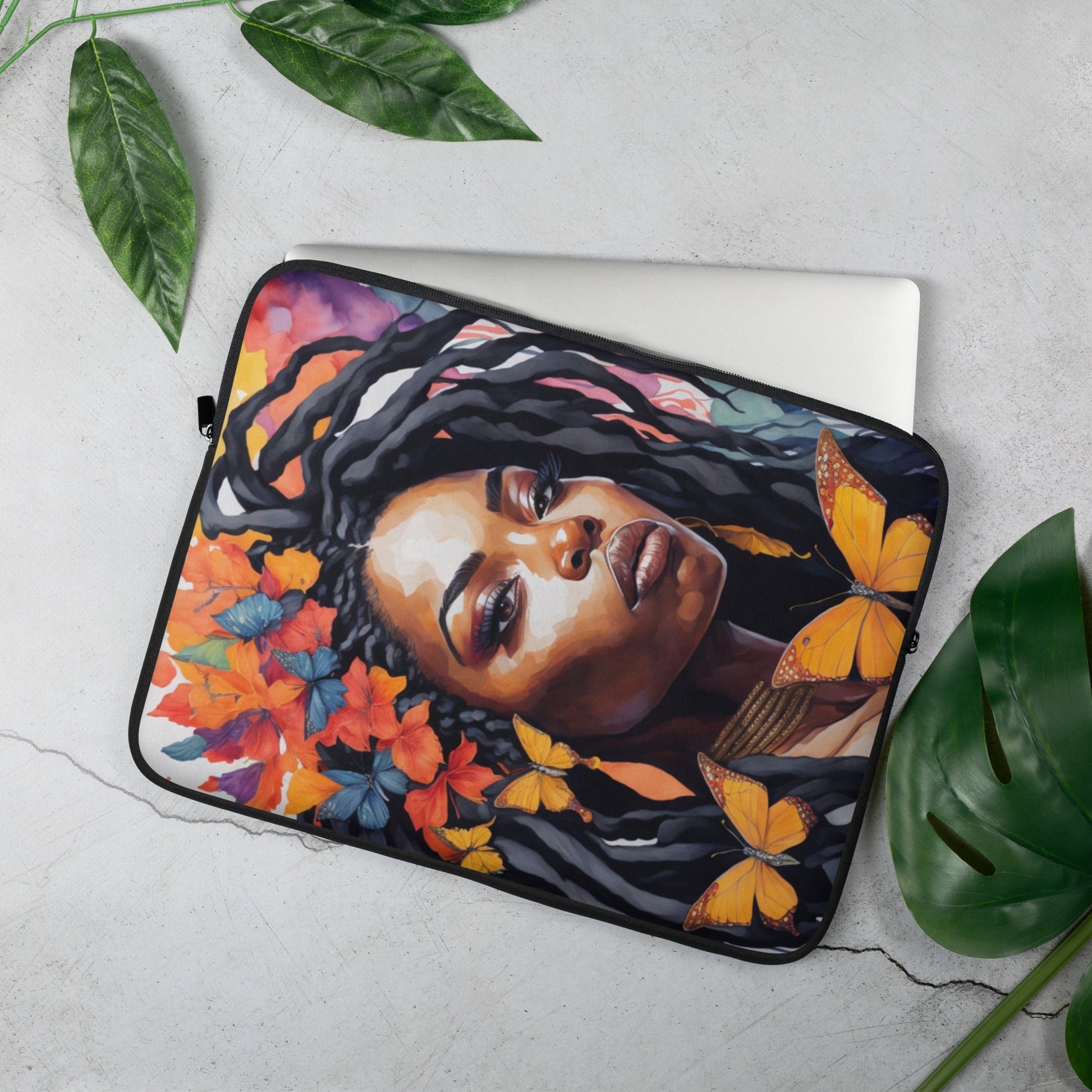 Graceful Black Woman with Dreadlocks: A Butterfly Harmony in Colors Laptop Case-laptop sleeve-15″-3-mysticalcherry