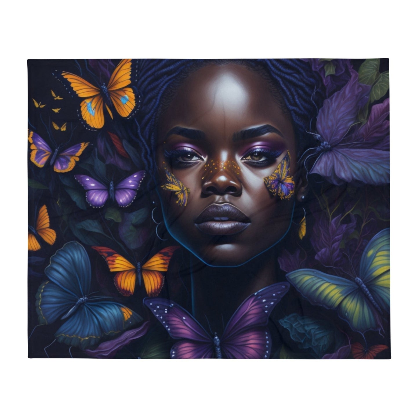 Graceful Wings: Portrait of an African American Woman with Fluttering Butterflies Throw Blanket-THROW BLANKET-50″×60″-Nature's Muse-mysticalcherry