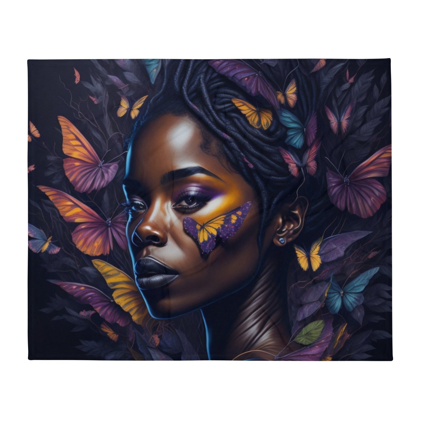 Graceful Wings: Portrait of an African American Woman with Fluttering Butterflies Throw Blanket-THROW BLANKET-50″×60″-Wings of Harmony:-mysticalcherry