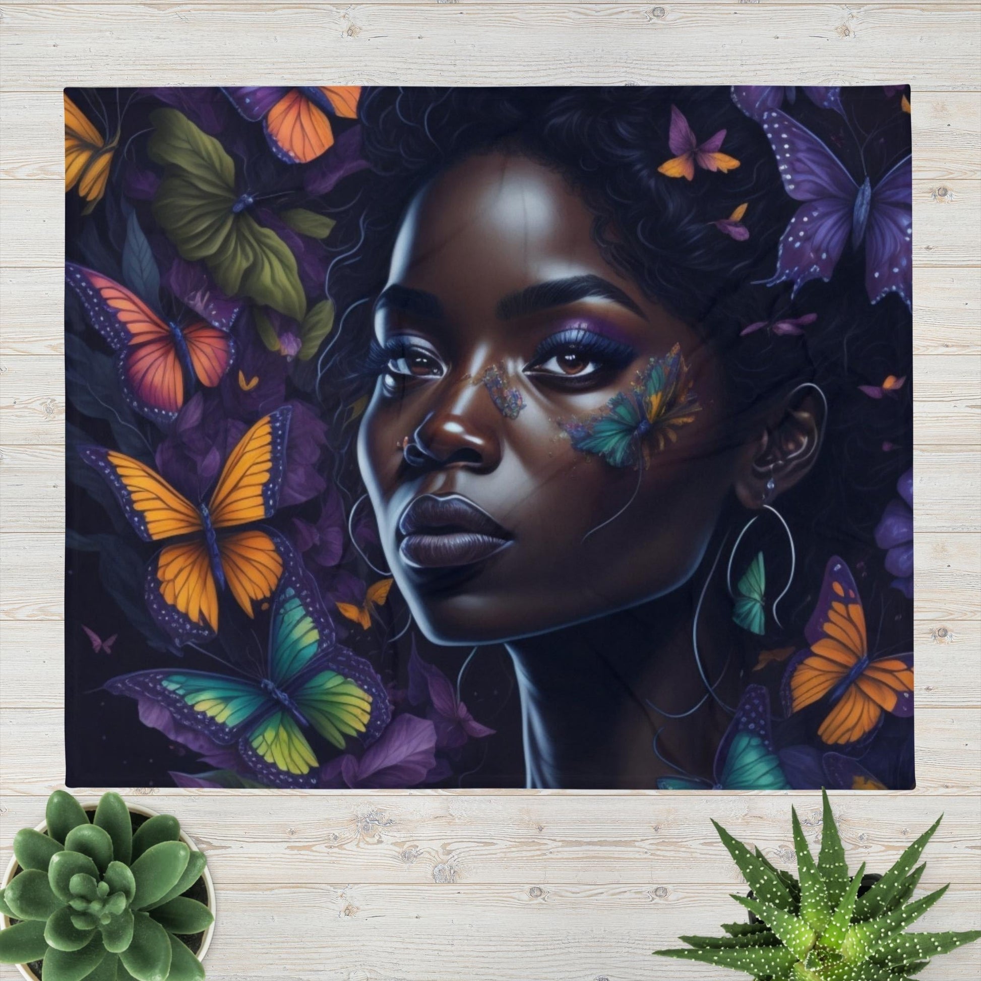 Graceful Wings: Portrait of an African American Woman with Fluttering Butterflies Throw Blanket-THROW BLANKET-50″×60″-Artful Elegance-mysticalcherry