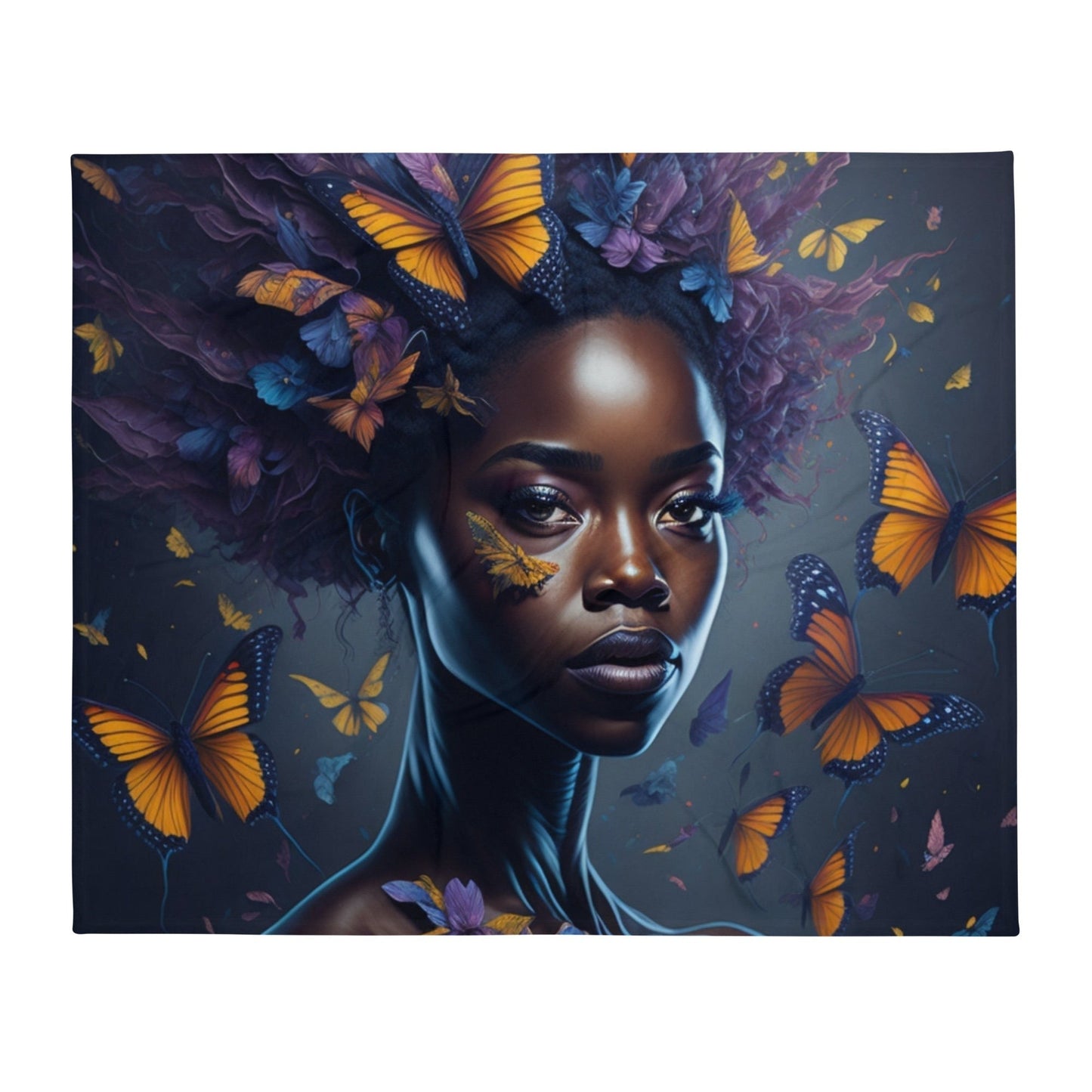 Graceful Wings: Portrait of an African American Woman with Fluttering Butterflies Throw Blanket-THROW BLANKET-50″×60″-Ethereal Flight-mysticalcherry
