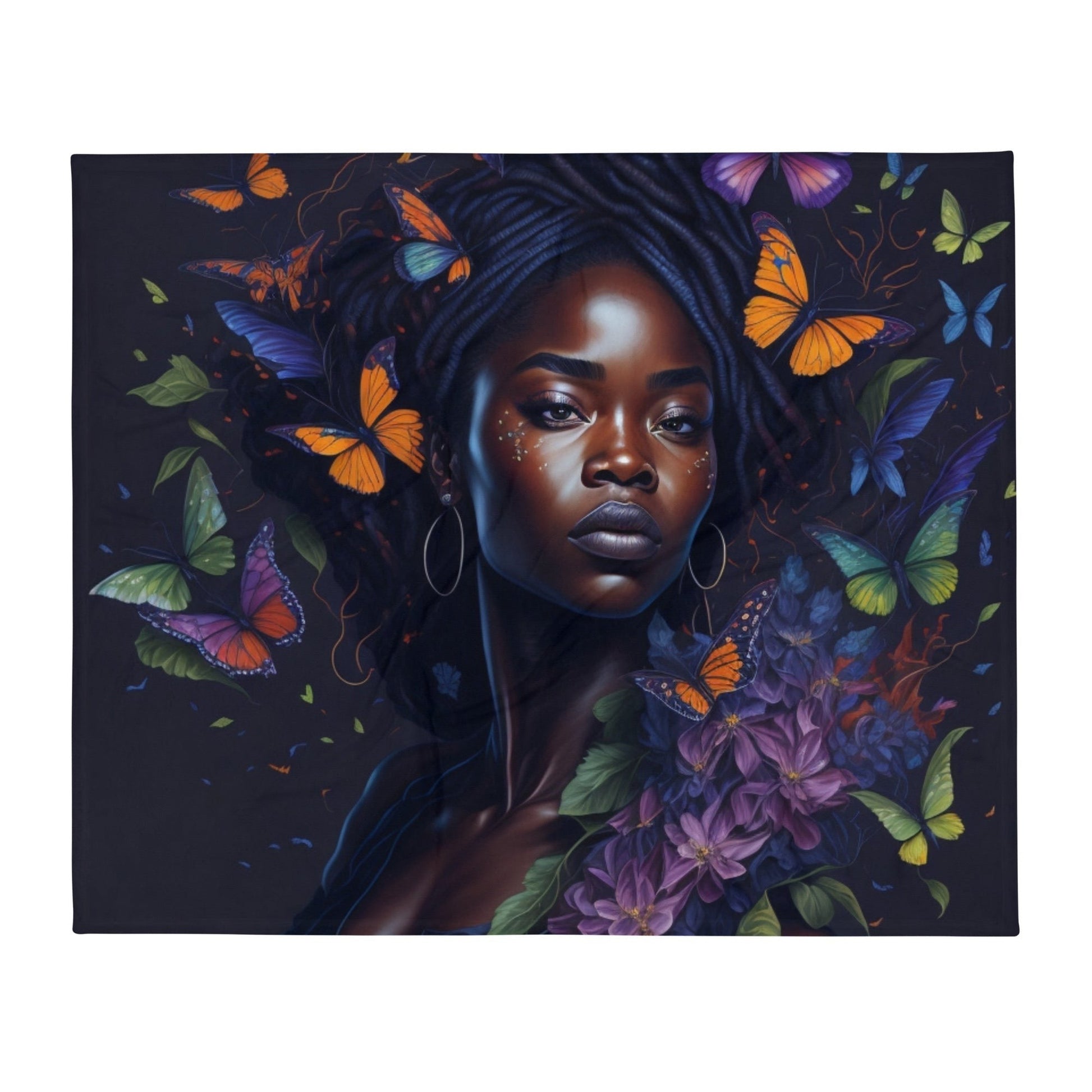 Graceful Wings: Portrait of an African American Woman with Fluttering Butterflies Throw Blanket-THROW BLANKET-50″×60″-Infinite Splendor-mysticalcherry