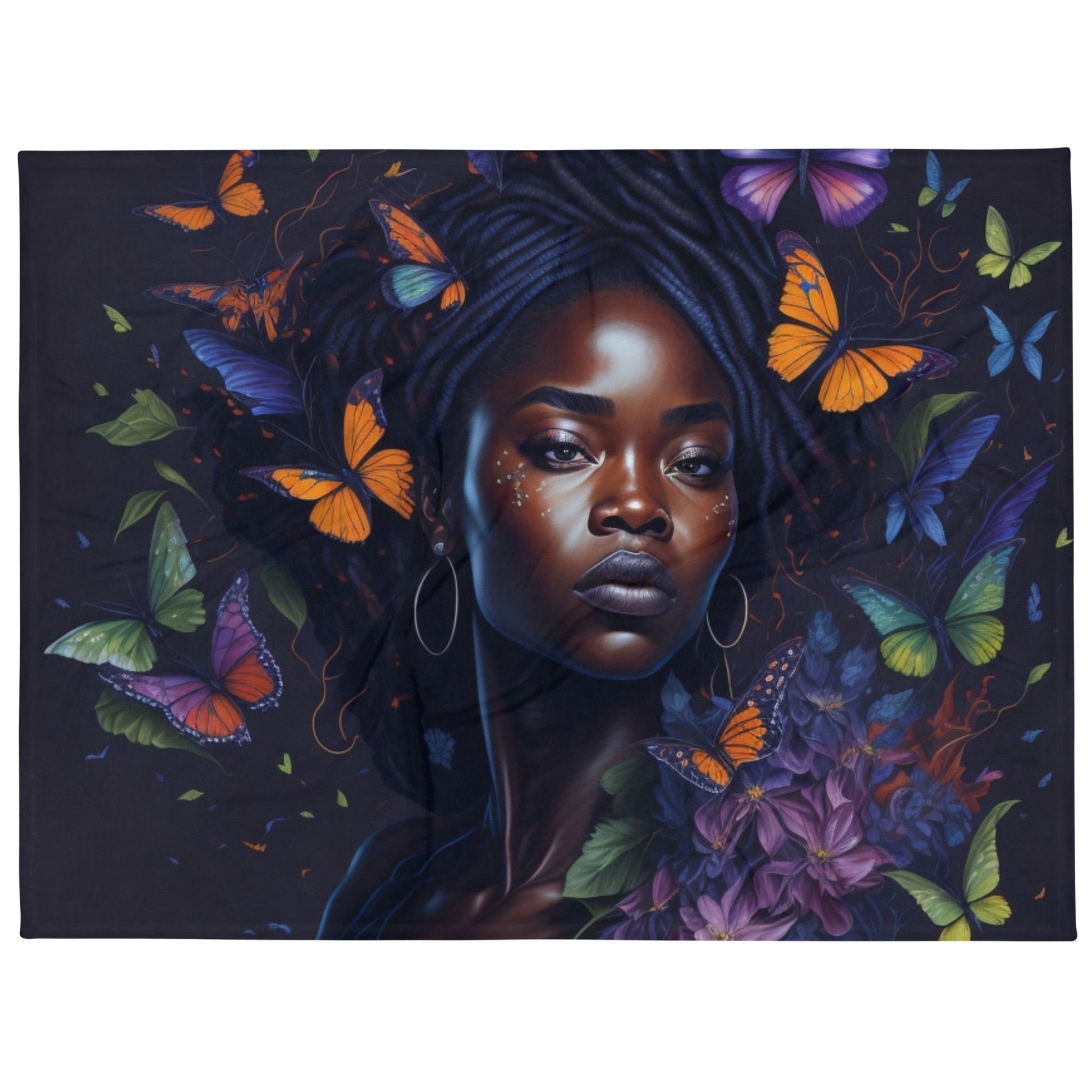 Graceful Wings: Portrait of an African American Woman with Fluttering Butterflies Throw Blanket-THROW BLANKET-mysticalcherry