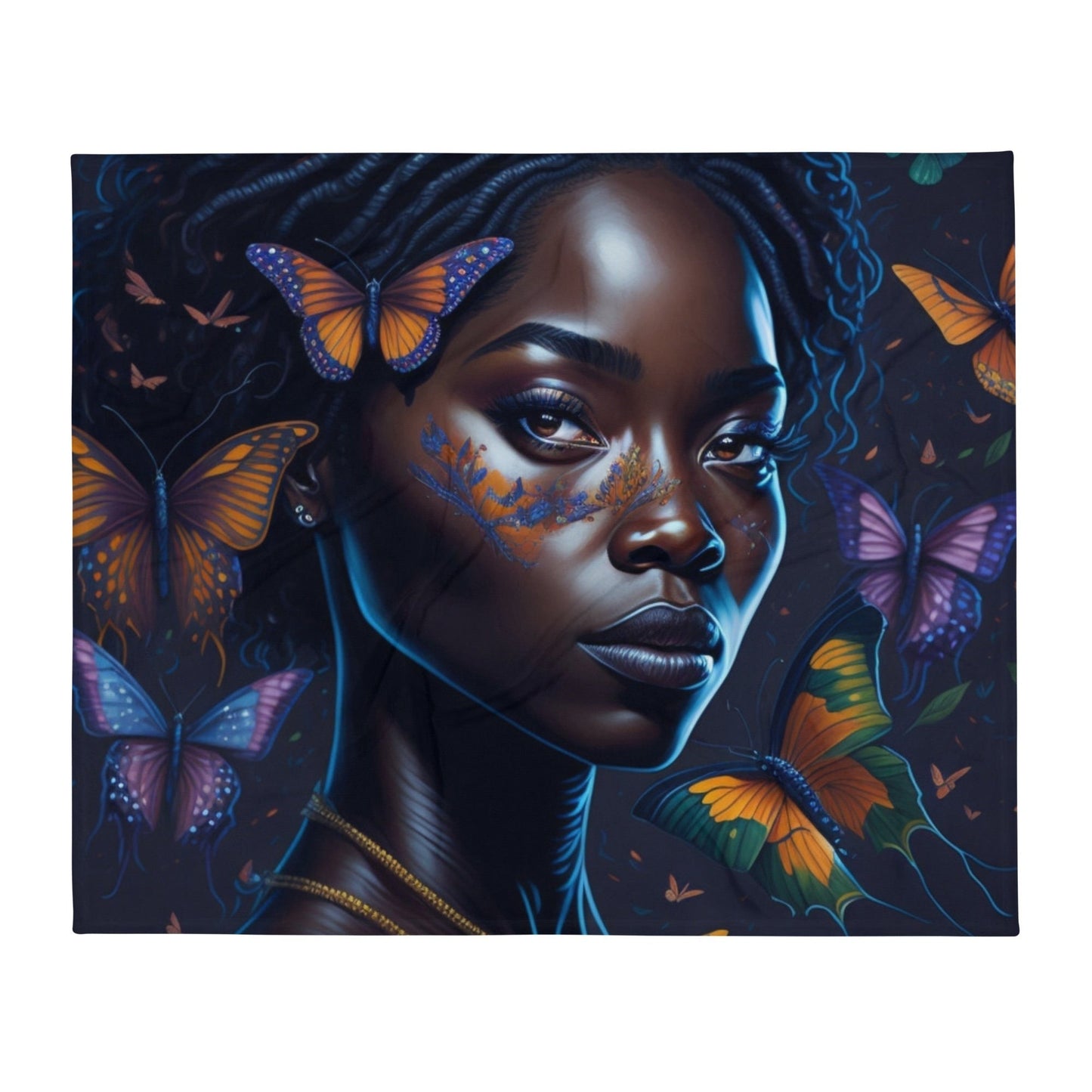 Graceful Wings: Portrait of an African American Woman with Fluttering Butterflies Throw Blanket-THROW BLANKET-50″×60″-Wings of Resilience-mysticalcherry