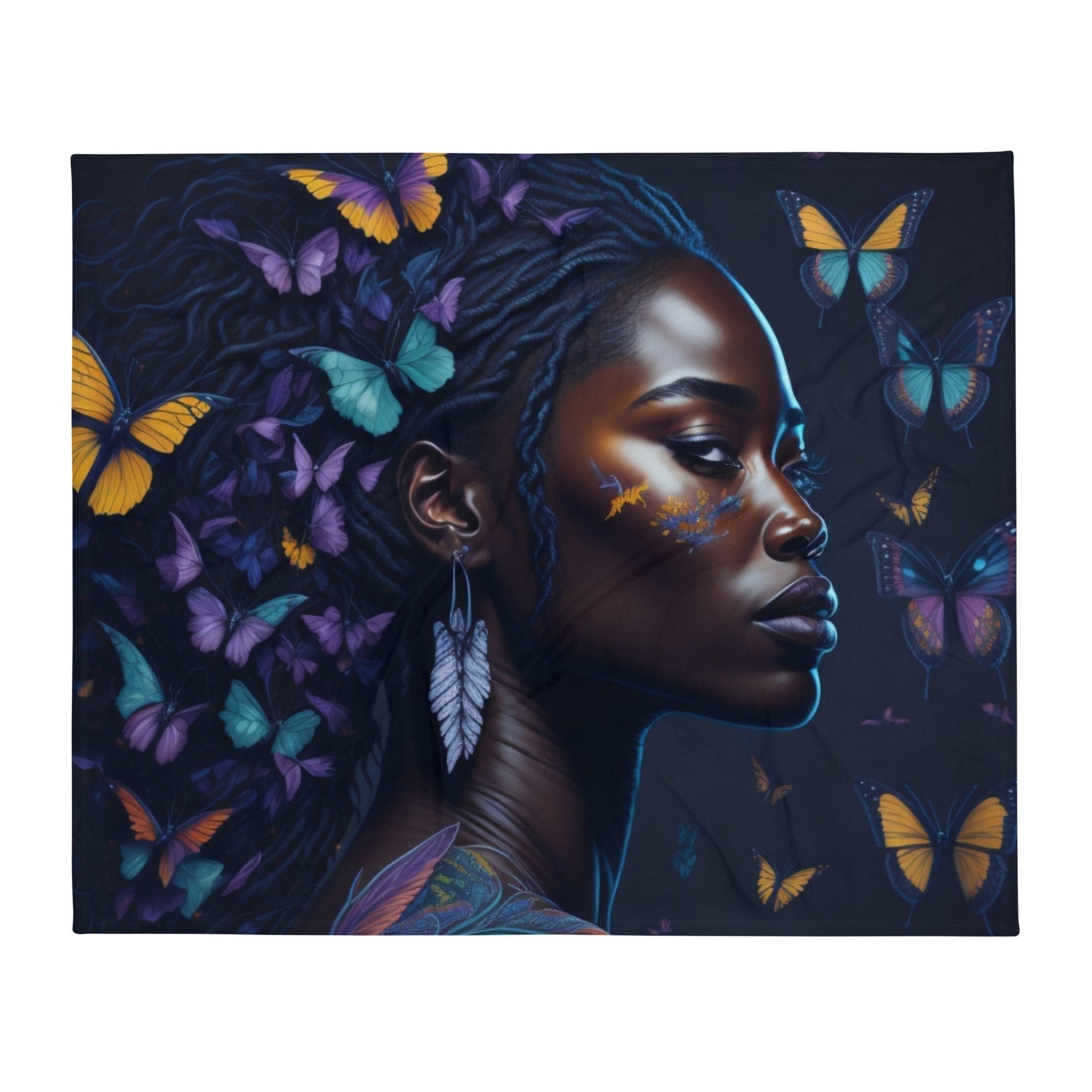 Graceful Wings: Portrait of an African American Woman with Fluttering Butterflies Throw Blanket-THROW BLANKET-50″×60″-Fluttering Dreams-mysticalcherry