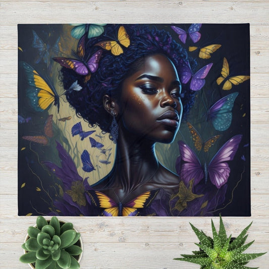 Graceful Wings: Portrait of an African American Woman with Fluttering Butterflies Throw Blanket-THROW BLANKET-50″×60″-Butterfly Serenade-mysticalcherry