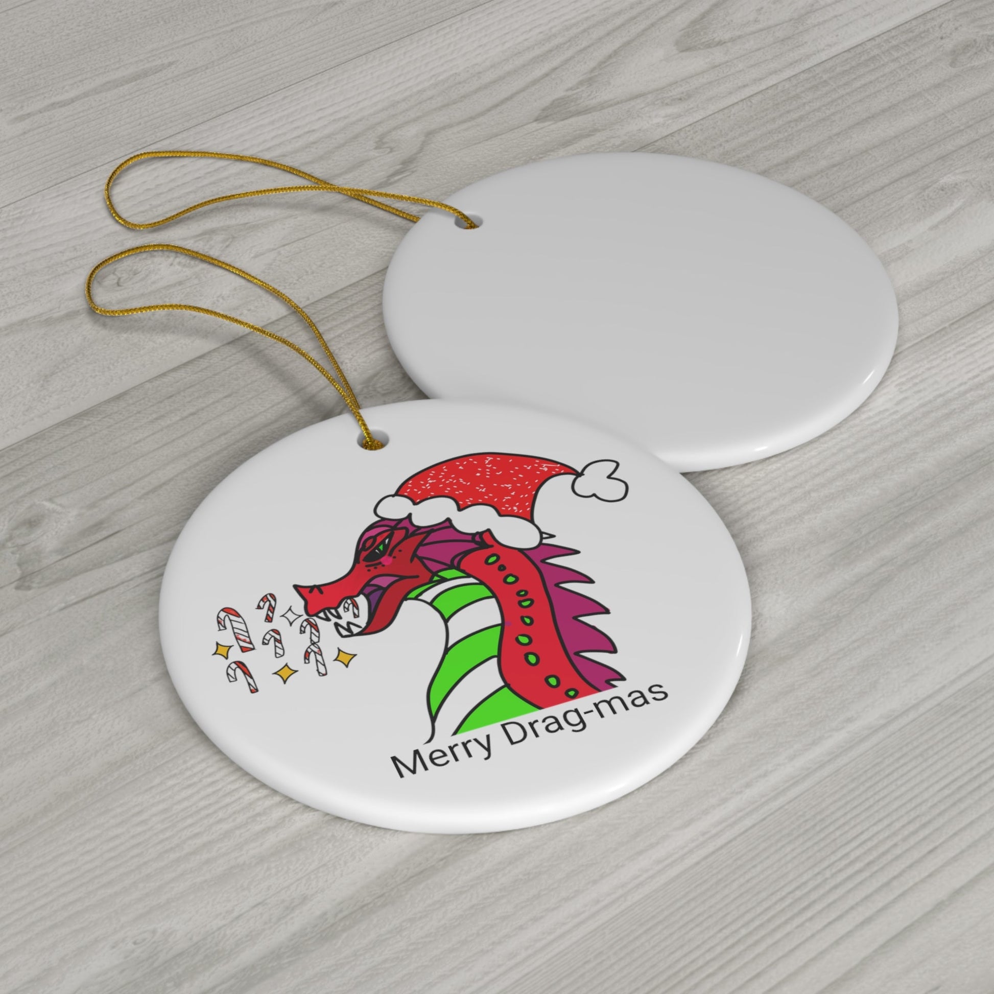 Merry Drag-mas Candy Cane Blaze, Festive Dragon Ceramic Ornament:-Home Decor-mysticalcherry