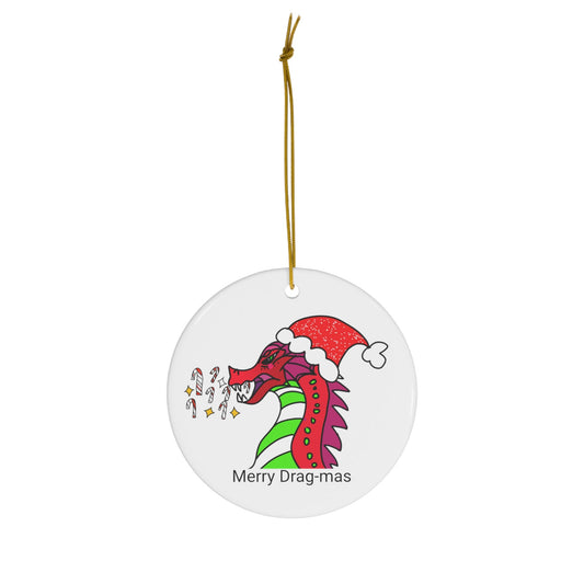 Merry Drag-mas Candy Cane Blaze, Festive Dragon Ceramic Ornament:-Home Decor-Circle-One Size-mysticalcherry
