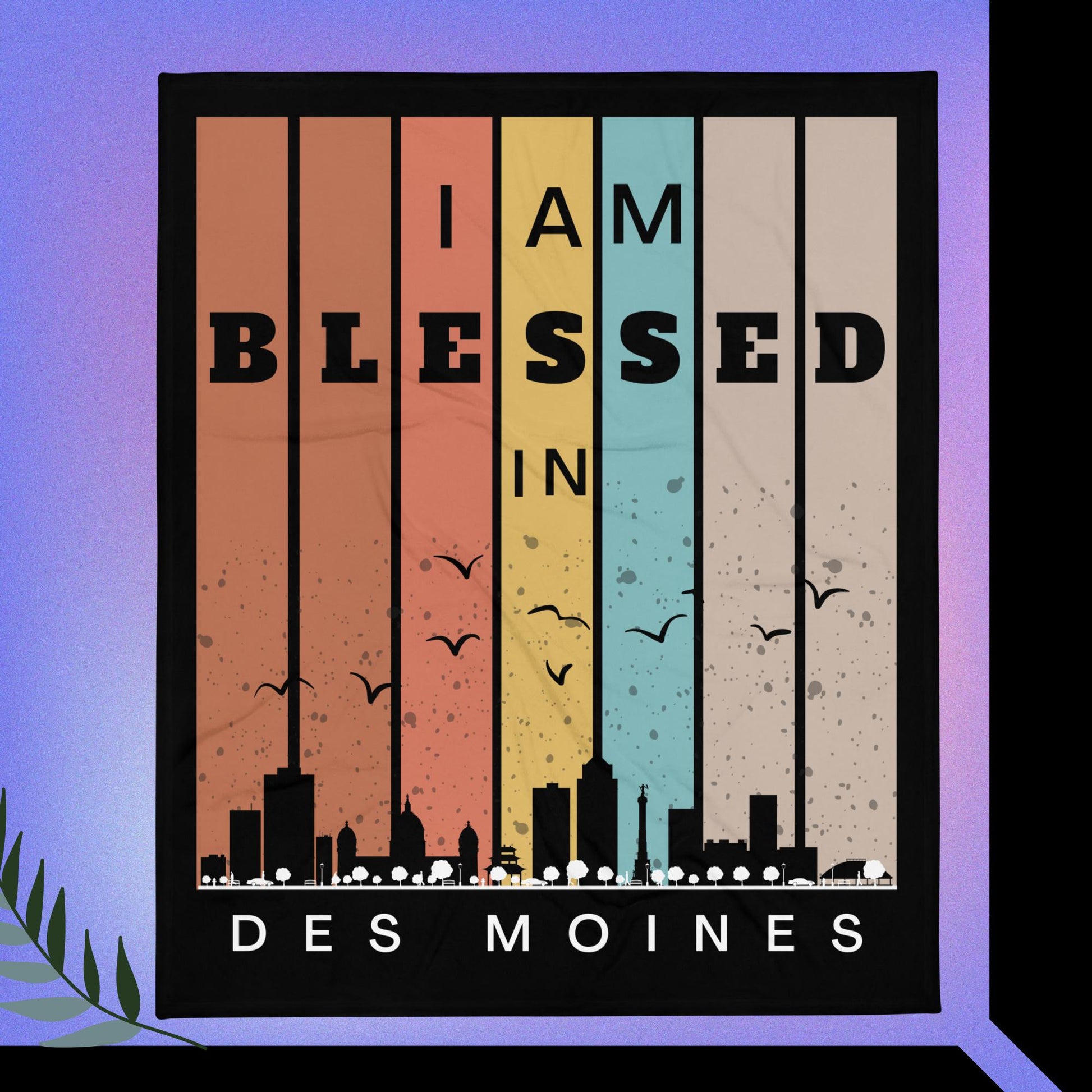 Midwest Retro I AM Blessed City Skylines Throw Blanket Collection-THROW BLANKET-50″×60″-Des Moines-mysticalcherry