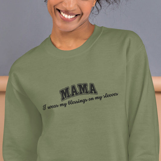Personalized Embroidered Mama: I Wear My Blessings On My Sleeves Crewneck Sweatshirt-clothes- sweater-mysticalcherry