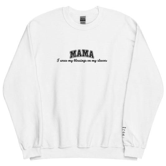 Personalized Embroidered Mama: I Wear My Blessings On My Sleeves Crewneck Sweatshirt-clothes- sweater-White-S-mysticalcherry