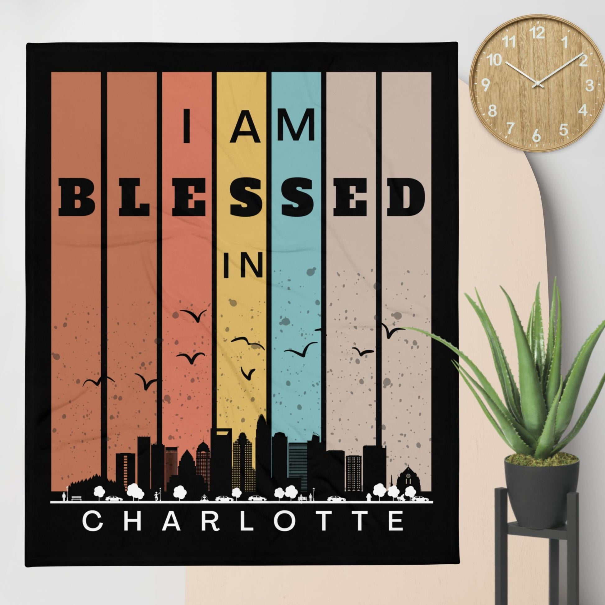 Southeast Retro I AM Blessed City Skylines Throw Blankets-THROW BLANKET-50″×60″-Charlotte-mysticalcherry