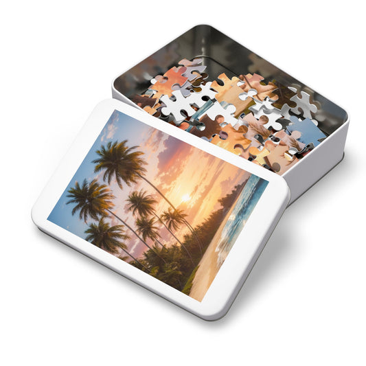 Tropical Tranquility: Sunset Beach Escape Jigsaw Puzzle With Gift Box-Puzzle-mysticalcherry