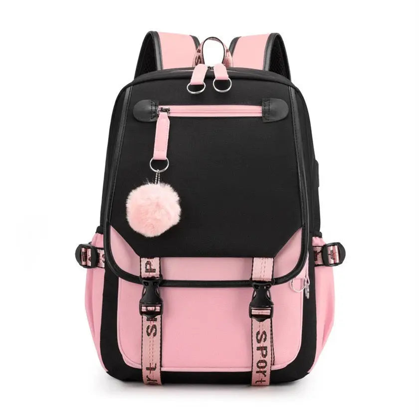 USB Port Canvas Backpack-backpack-Black-Pink-mysticalcherry