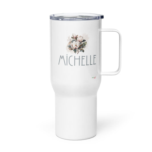 White Personalized Rose Insulated Travel Tumbler With Handle-tumbler with handle-mysticalcherry