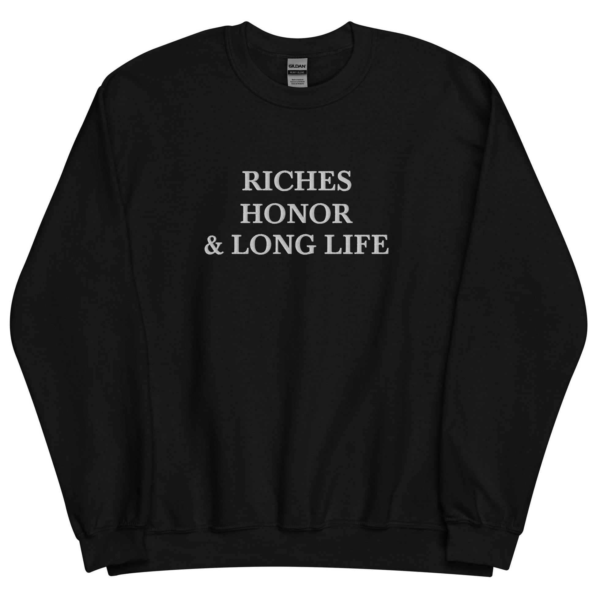 Embroidered Riches Honor & Long Life Crewneck Sweatshirt-clothes- sweater-Black-S-mysticalcherry