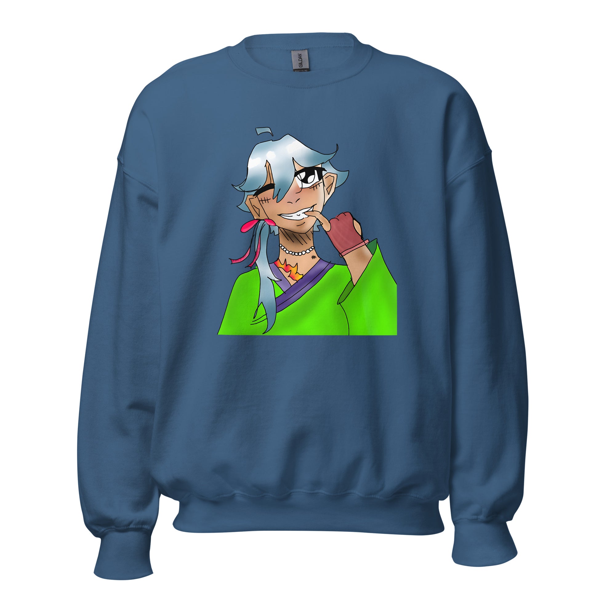 Green Flame Dako Crewneck Sweatshirt-sweatshirt-Indigo Blue-S-mysticalcherry