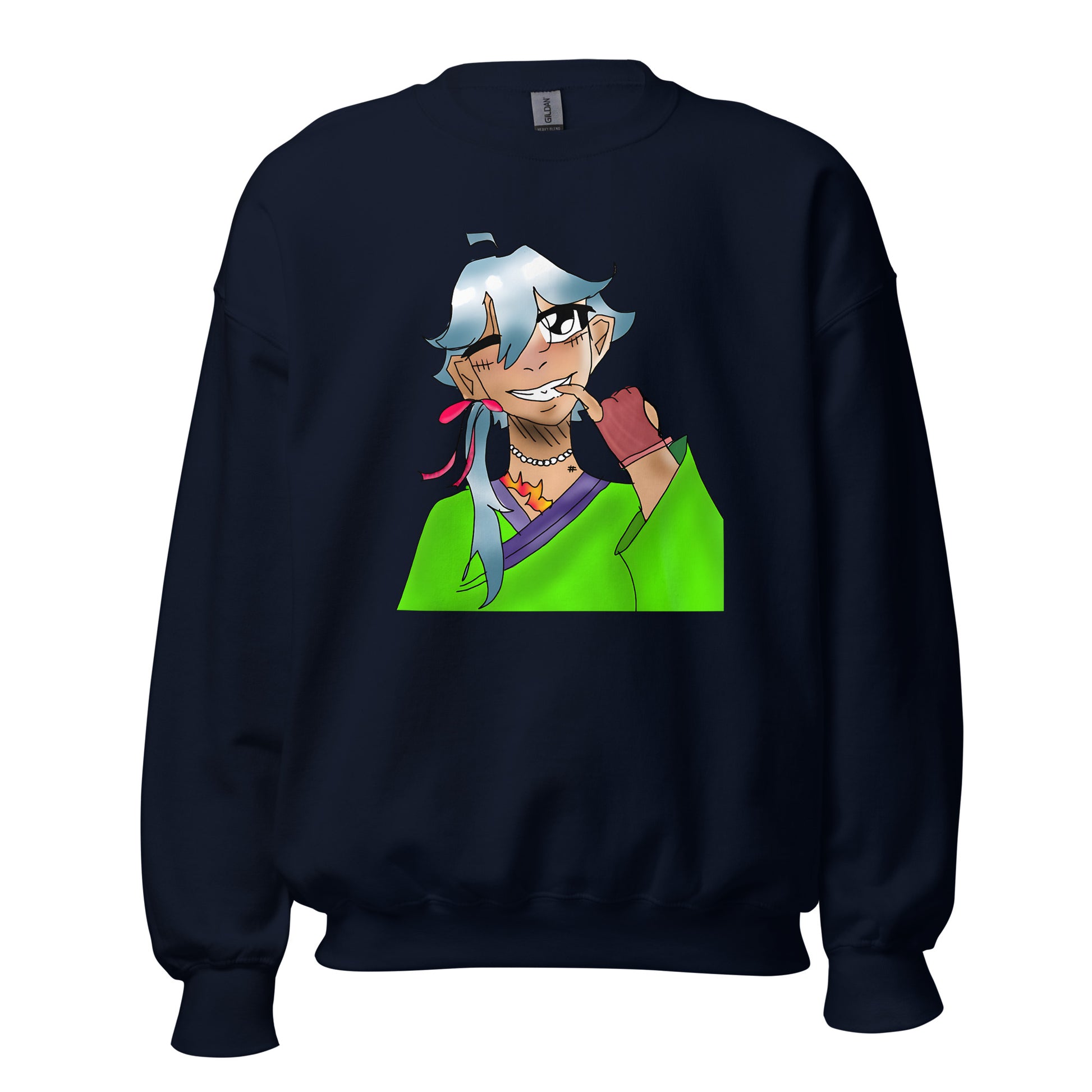 Green Flame Dako Crewneck Sweatshirt-sweatshirt-Navy-S-mysticalcherry