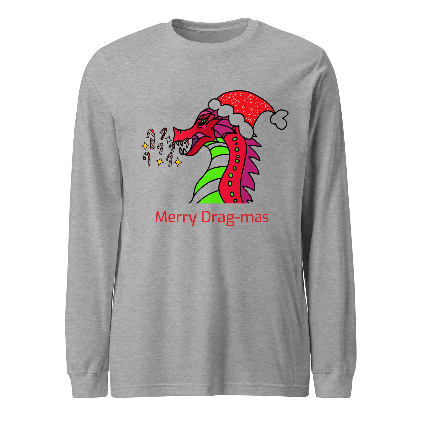 Merry Drag-mas: Candy Cane Blaze, Festive Dragon Long Sleeve Tee-long sleeve shirt-Athletic Heather-XS-mysticalcherry