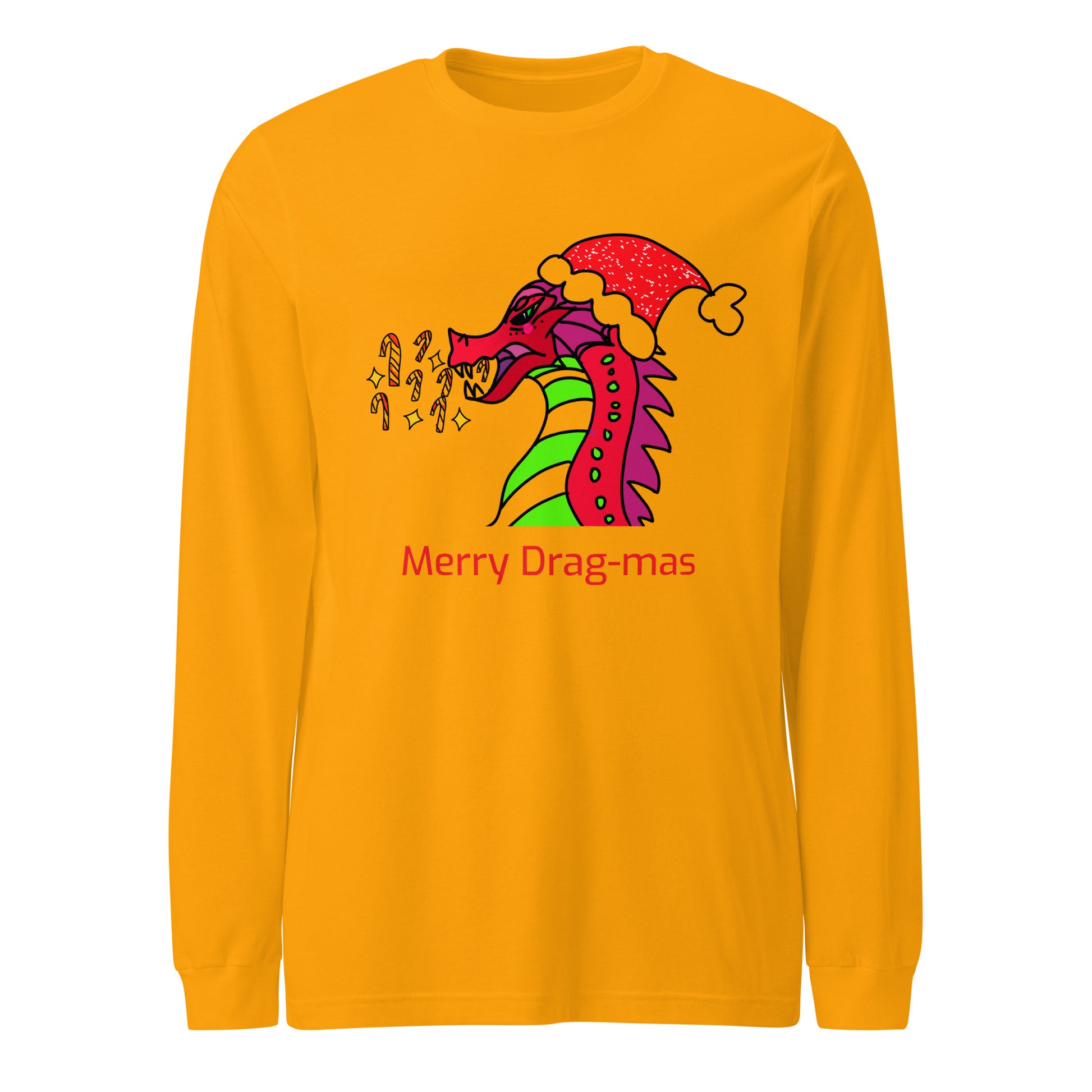 Merry Drag-mas: Candy Cane Blaze, Festive Dragon Long Sleeve Tee-long sleeve shirt-Gold-XS-mysticalcherry