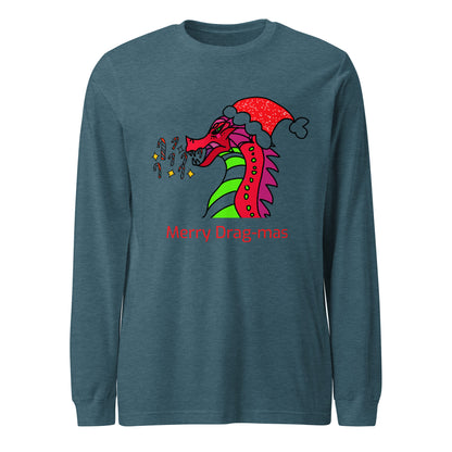 Merry Drag-mas: Candy Cane Blaze, Festive Dragon Long Sleeve Tee-long sleeve shirt-Heather Deep Teal-XS-mysticalcherry