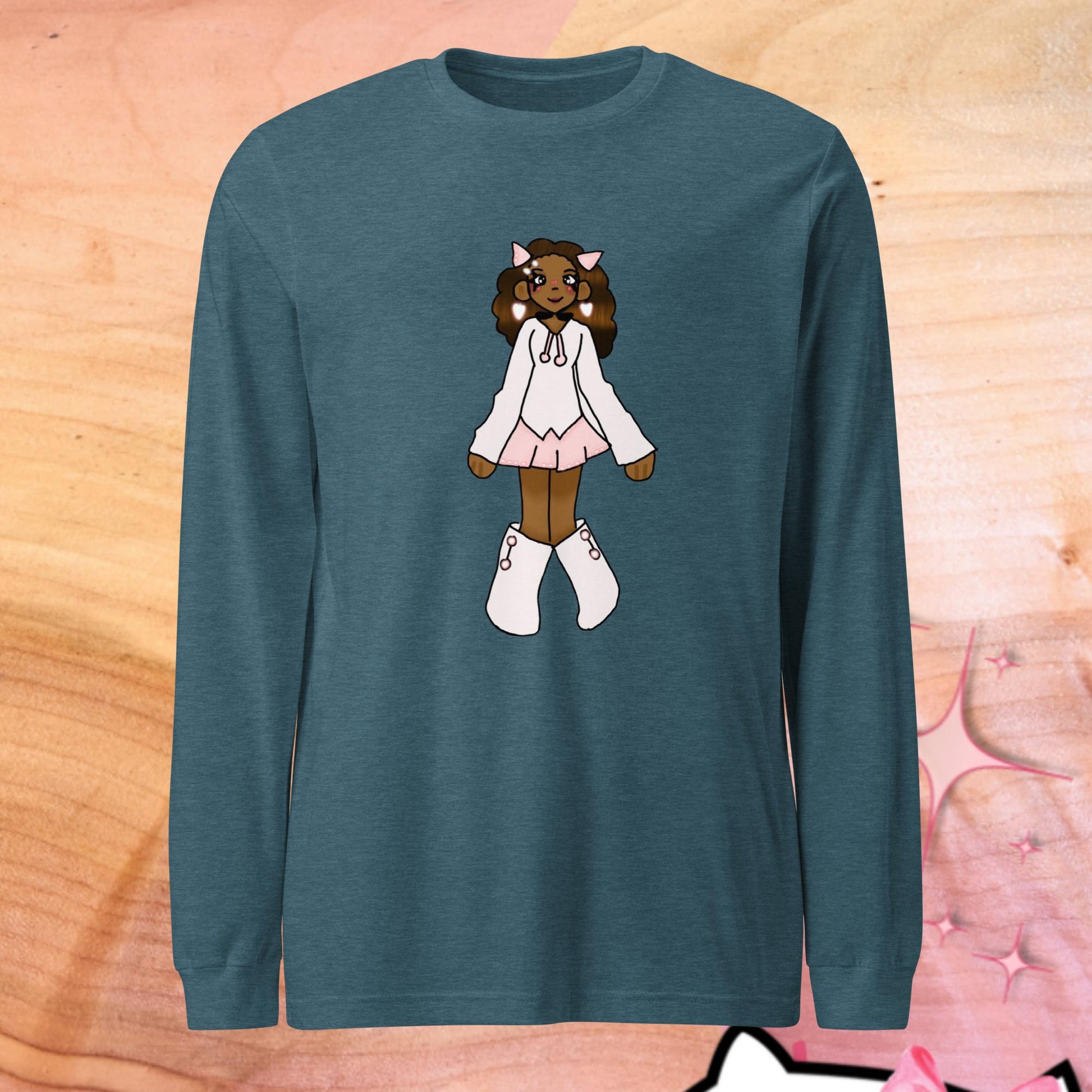 PrettyN Pink Character Long Sleeve Tee-long sleeve shirt-Heather Deep Teal-XS-mysticalcherry